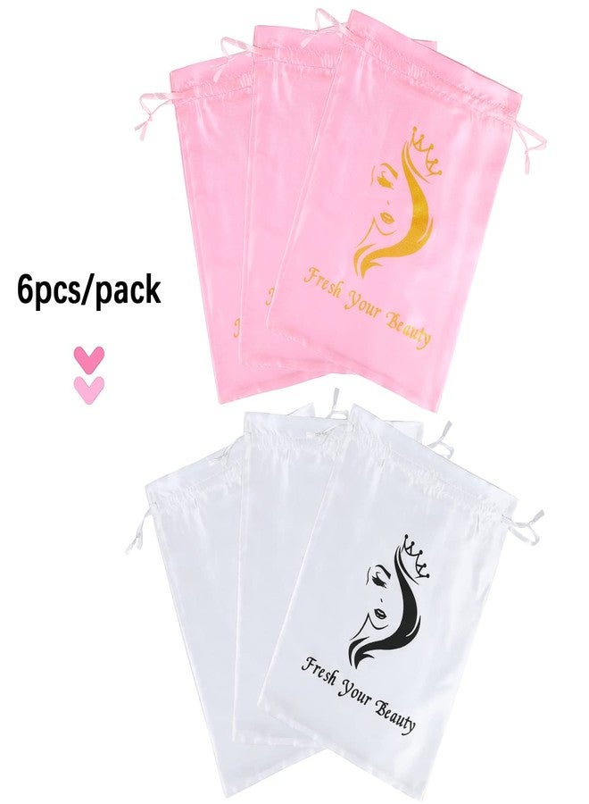 AliLeader 6 Pcs Silk/Satin Wig Storage Bags, Drawstring Travel Bag for Bundles,Wigs,Hair Extensions,Gift(White, Pink) - Image 2